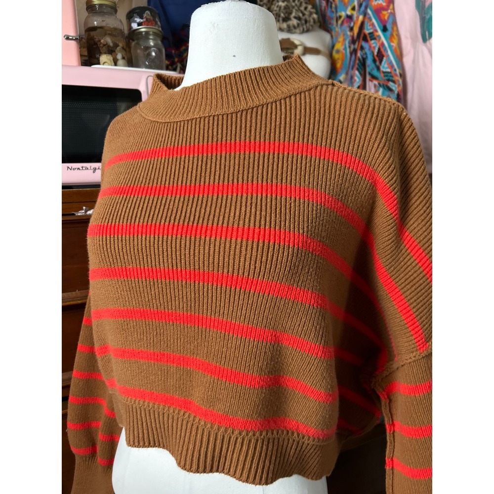 Free People Brown Orange Striped Cropped Mock Neck Ribbed Sweater SP Boho Chic - Picture 3 of 7